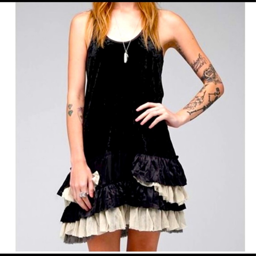 Free People Merrie's Crushed Velvet Sleeveless Tiered Ruffle Hem Mini Dress S